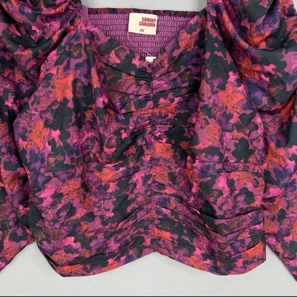 Anthropologie Samant Chauhan Blouse 2X Purple Floral Puff Square Ruched NWT - Picture 5 of 15
